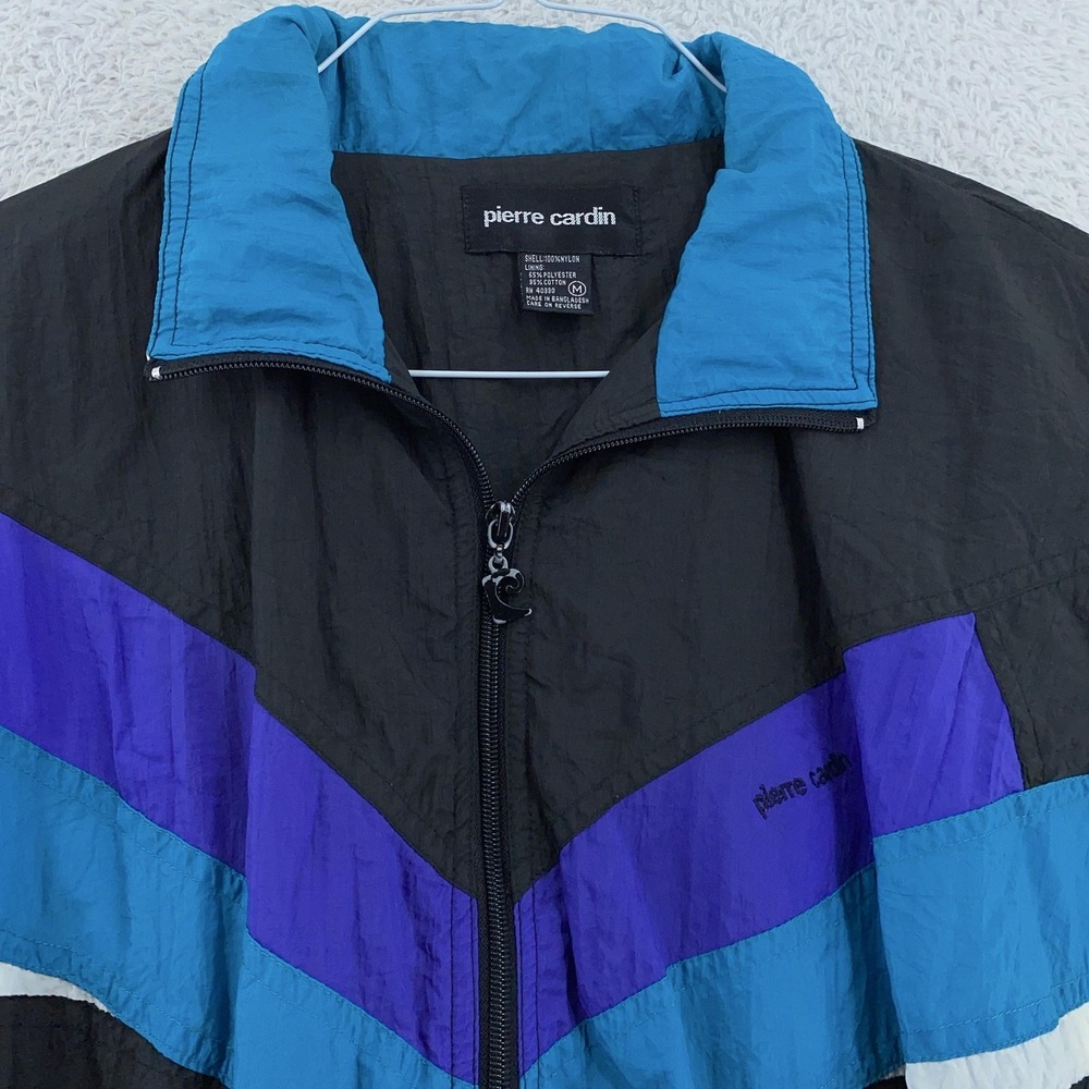 Vintage Pierre Cardin Jacket Mens Medium Black Blue Purple Windbreaker 90s Nylon